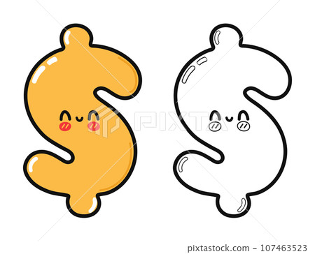 Dollar sign character outline cartoon illustration for coloring book. Vector hand drawn Dollar sign raditional cartoon vintage, retro, kawaii character. Isolated white background 107463523