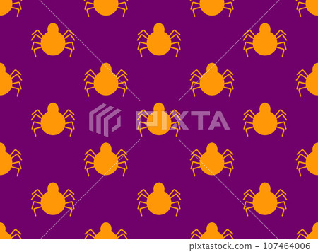 Spiders seamless pattern. Halloween background with orange spiders on a purple background. Happy Halloween October 31st. Festive design for wallpapers, posters and banners. Vector illustration 107464006