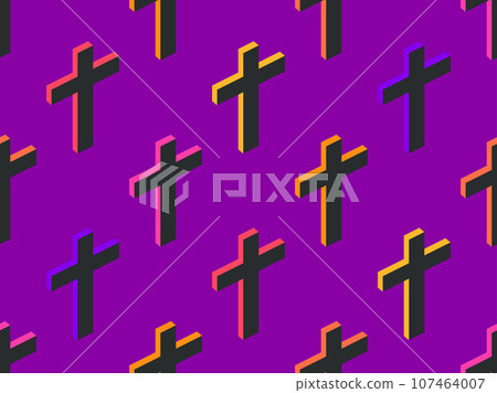 Seamless pattern with 3D Christian crosses. Halloween background with multi-colored 3D Christian crosses on a purple background. Festive design for wallpaper, poster and banner. Vector illustration 107464007