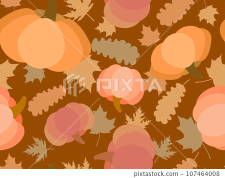 Pumpkins and leaves seamless pattern. Autumn background with pumpkins, oak and maple leaves. Design for banners, wrapping paper and promotional items. Vector illustration. Vector illustration 107464008