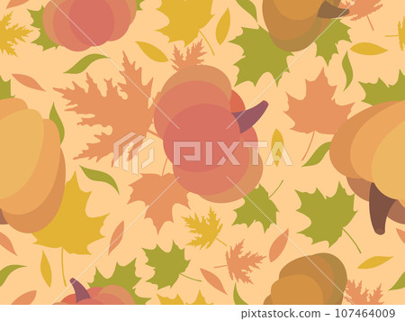Seamless pattern with autumn leaves and pumpkins. Autumn background with pumpkins and maple leaves. Design of banners, wrapping paper and promotional products. Vector illustration 107464009