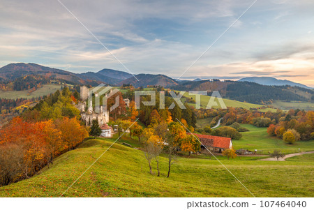 Autumn landscape with medieval castle of The Sklabina at sunset. 107464040
