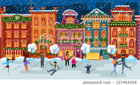 People at ice-skating outdoor rink merry christmas new year winter holidays concept modern city street with decorated fir tree cityscape background. Winter season activity and entertainment People at ice-skating outdoor rink merry christmas new year winter holidays concept modern city street with decorated fir tree cityscape background. Winter season activity and entertainment 107464208