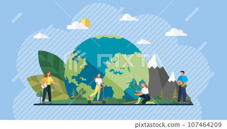 Happy people walking and resting in green eco city park flat illustration with globe, woman planting plant, girl riding scooter, man holding battery. Clean ecology and environment, respect for nature Happy people walking and resting in green eco city park flat illustration with globe, woman planting plant, girl riding scooter, man holding battery. Clean ecology and environment, respect for nature 107464209