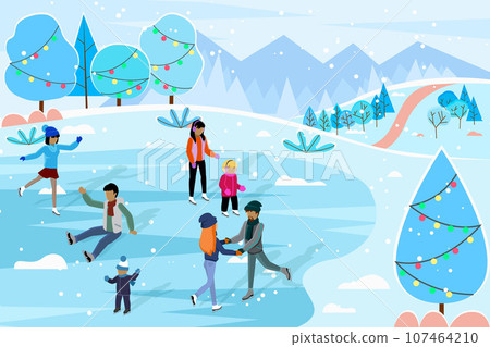 Winter ice staking rink sports young happy people family activity. Mom dad son boy girl skaters fir tree. Friends at ice-skating outdoor rink merry christmas new year winter holidays concept Winter ice staking rink sports young happy people family activity. Mom dad son boy girl skaters fir tree. Friends at ice-skating outdoor rink merry christmas new year winter holidays concept 107464210