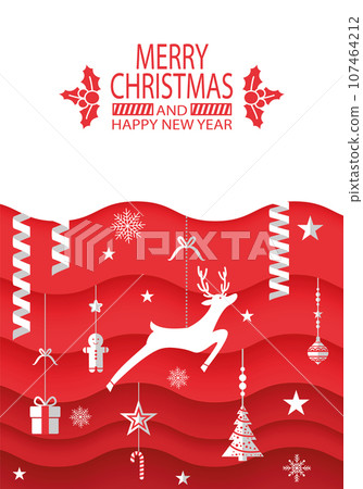 Merry Christmas banner with origami reindeer, snow flake and xmas fir tree decoration. Paper art and digital craft style on red and white background. Holidays banner, festive layered illustration Merry Christmas banner with origami reindeer, snow flake and xmas fir tree decoration. Paper art and digital craft style on red and white background. Holidays banner, festive layered illustration 107464212