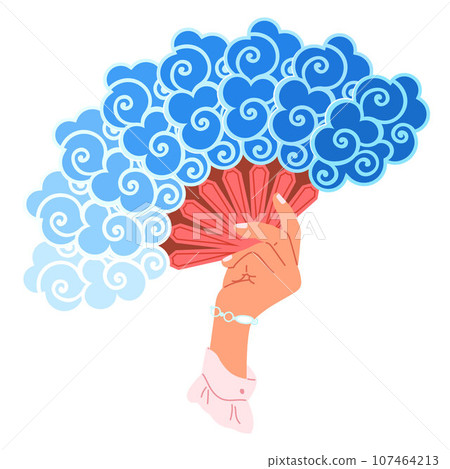 Chenese and Japanese hand fan. Vector illustration. A Japanese fan, palette of emotions beautifully displayed A beauty geishfan, epitome of grace and mystery A Chinese fan, illustrated scroll 107464213