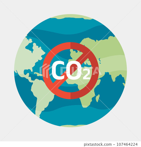 Prohibiting emissions carbon dioxide CO2 red sign crossed out inside circle on blue background with globe green planet isolated on white. Prohibition symbol icon, stop pollution vector Illustration 107464224