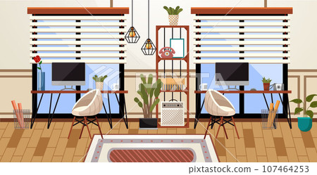 Home office interior. Vector illustration. Remote working from home or any place Scandinavian style cozy home office with homeplants Scandinavian or nordic style interior Freelance and convenient job 107464253