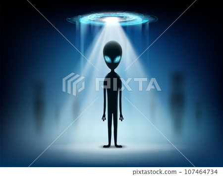 Alien stand on background of glowing light UFO 107464734