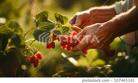 Hands harvesting raspberries 107465191