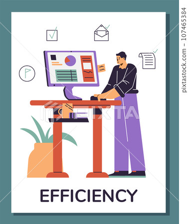 Employee manager or businessman looking at computer, writing notes, doing tasks, analyzes chart vector Efficiency poster Employee manager or businessman looking at computer, writing notes, doing tasks, analyzes chart vector Efficiency poster 107465384