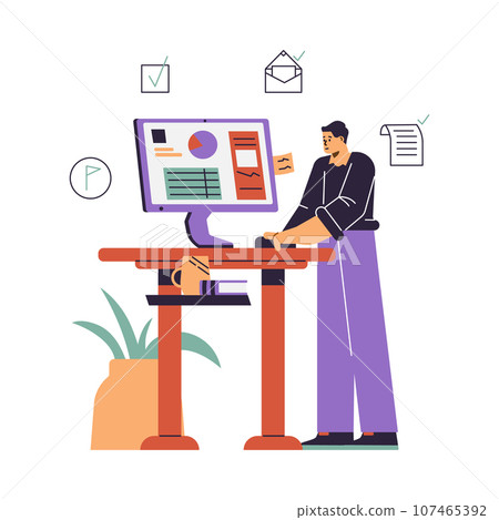 Manager or businessman looking at computer, writing notes, doing tasks, analyzes chart, vector efficiency multitasking 107465392