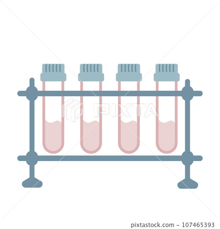 Test tube rack with four vials of liquid 107465393