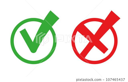 Set of icons with check marks and red cross for apps and web, flat design vector illustration Set of icons with check marks and red cross for apps and web, flat design vector illustration 107465437