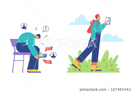 Set of young men with FOMO syndrome flat style, vector illustration Set of young men with FOMO syndrome flat style, vector illustration 107465443