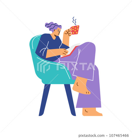 Happy woman with a hot cup of tea sits in a chair and reads, vector JOMO lifestyle, Joy of missing out, enjoying present 107465466