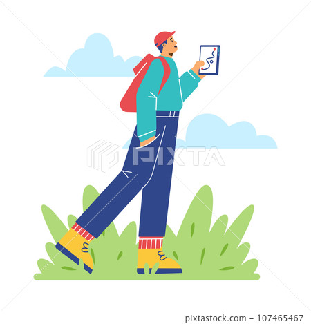 Woman addicted to social media and her phone, poster with text - flat vector illustration. Woman addicted to social media and her phone, poster with text - flat vector illustration. 107465467