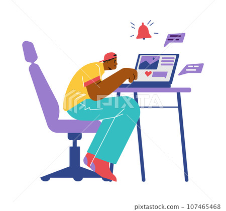 Young black man sitting in laptop, FOMO fear of missing out vector flat illustration, psychological negative syndrome 107465468