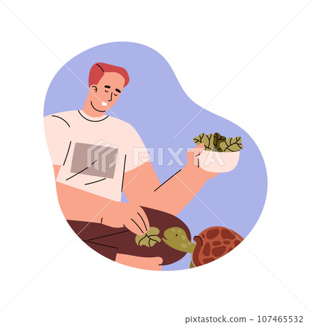 Relaxed young man feeding turtle leaves flat style, vector illustration Relaxed young man feeding turtle leaves flat style, vector illustration 107465532