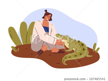 Woman petting a crocodile on nature, alligator head is on the owner's arms, vector exotic pet reptile, amphibian animal 107465541