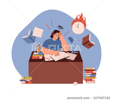 Exam stress preparation with textbook pile, worried female student in panic hurry studying, vector education deadline 107465582