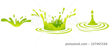 Water and juice splash liquide. Vector Illustration. Fresh juice splashed, refreshing green vibrancy A wave shape, recurring pattern in grand oceanic symphony A drop shape, fundamental silhouette 107465588
