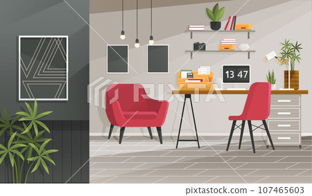 Home office interior. Vector illustration. Freelance and convenient job concept Business workspace in room interior Work from home, distant work, freelance, work online Designer architect workplace Home office interior. Vector illustration. Freelance and convenient job concept Business workspace in room interior Work from home, distant work, freelance, work online Designer architect workplace 107465603