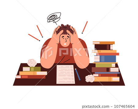 Exam stress preparation with textbook pile, panic male student hurry studying, vector deadline knowledge education Exam stress preparation with textbook pile, panic male student hurry studying, vector deadline knowledge education 107465604