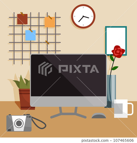 Empty office, place for work at home at table. Working space interior design. Workplace of employee with computer. Desktop, monitor, frame for notes, cup, potted plants. Study place at table 107465606