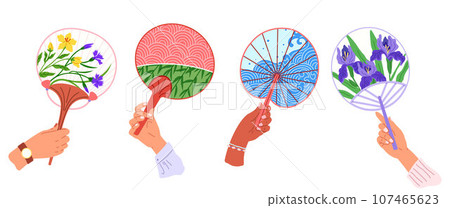 Chenese and Japanese hand fan. Vector illustration. A hand fan, modest tool singing cool melody A Japanese fan, kaleidoscope of culture A beauty geishfan, ode to eternal elegance A Chinese fan 107465623