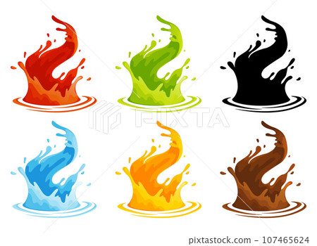 Water and juice splash liquide. Vector Illustration. Fresh juice splashed, energetic portrayal of thirst-quenching goodness A wave shape, tribute to oceans persistent dance A drop shape, minimalist 107465624