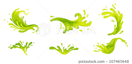 Water and juice splash liquide. Vector Illustration. A wave shape, sculpted testament to oceans rhythm A green drop shape, gentle whisper of fluid dynamics A dripped droplet, delicate dancer in ballet 107465648