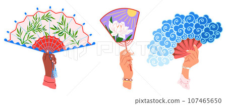 Chenese and Japanese hand fan. Vector illustration. A hand fan, artist sketching air with coolness A Japanese fan, tapestry of tales told in silence A beauty geishfan, celebration of timeless elegance 107465650