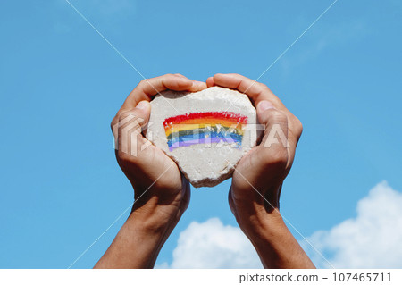 holds a rock with the rainbow flag painted in it 107465711