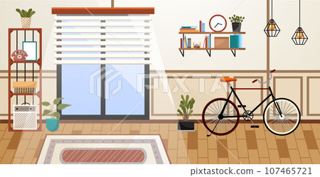 Home office interior. Vector illustration. Domestic office furniture and equipment Detailed side view interior home office room with bookshelf, desk, clocks, box, chair, books, bike Modern workplace 107465721