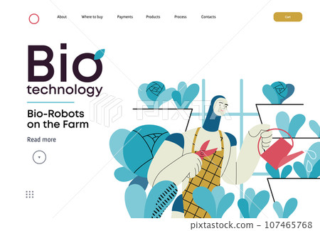 Bio Technology, Robot on farm -modern flat vector concept illustration of bio-robot engaged in agricultural activities. Metaphor of robotics and biotechnology integration, efficiency, sustainability 107465768