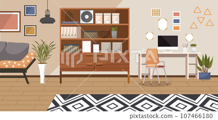Home office. Interior vector illustration. Work from home. Flats interior design seamlessly integrates the home office Office space reflects a professional and functional environment Coming home after 107466180