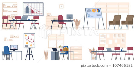 Office interior. Vector illustration. Working workplace, coworking space Working at home office Creative office desktop workspace Empty workplace, Desk chair computer workspace office No people 107466181