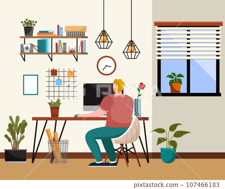 Home office interior. Vector illustration. Remote working from home or any place Scandinavian style cozy home office with homeplants Scandinavian or nordic style interior Freelance and convenient job 107466183