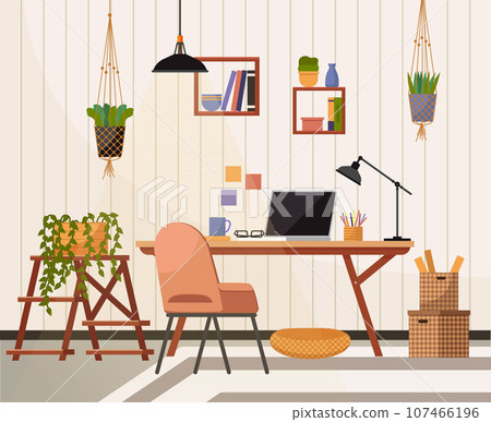 Home office. Interior vector illustration. Work from home. Furniture in office area selected for versatility and aesthetics Interior design of flat incorporates elements of tranquility and inspiration 107466196