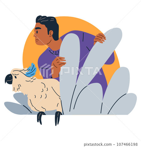 Man spying, peeping from shrub. Person and his pet white parrot hiding behind bush, sneaking, peeking, watching, looking nosy and waiting. Searching, observing, man secretly regard. Espionage concept 107466198