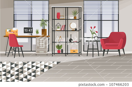 Home office interior. Vector illustration. Designer architect workplace office interior Online career Workspace Home office interior Stylish home or studio workplace of student Coworking space 107466203