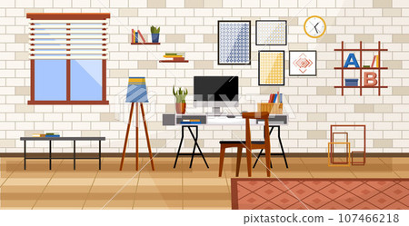 Home office. Interior vector illustration. Work from home. Furniture in office area selected for versatility and aesthetics Interior design of flat incorporates elements of tranquility and inspiration 107466218