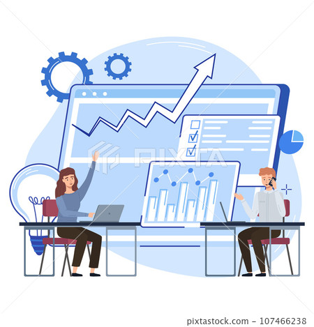 Office workers. Vector illustration. A worker employee contributes to success of organization An office manager oversees daily operations and ensures efficiency A business person navigates A business 107466238