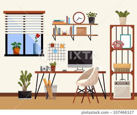 Home office cabinet, living room interior concept. Creative coworking center, student desk near window, modern workplace for worker, employee with table, computer, book shelf and decor elements 107466327