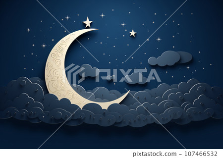 Night Sky with Crescent Moon, Clouds, and Stars Papercut Illustration Night Sky with Crescent Moon, Clouds, and Stars Papercut Illustration 107466532