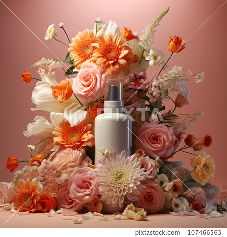 Lotion Bottle in a Bunch of Fresh Flowers. Product Ad 107466563