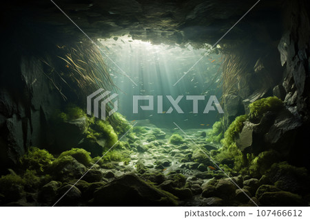 Sunlight Shining into Underwater Cave. Deep Sea, Seaweed, Rocks, Mysterious Scene 107466612