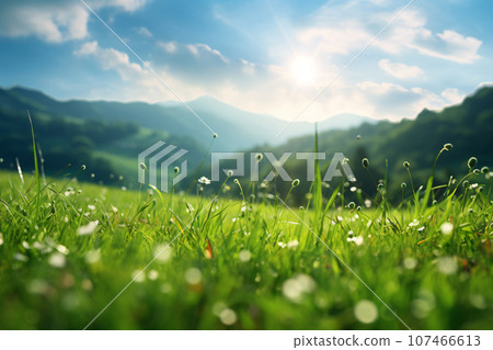 Green Hills in Blue Sky. Landscape Photography with Pollen Particles 107466613
